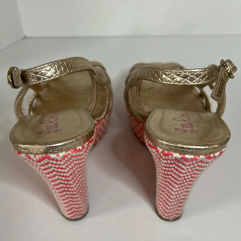 Lilly Pulitzer Sophie Pink and Gold Chevron Slingback Open Toe Strappy Wedges 6M